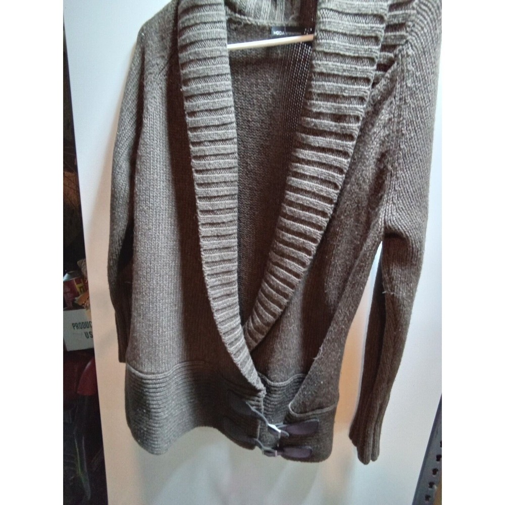 Moda International Brown Wool Blend Buckle Front Shawl Collar Cardigan Sweater M